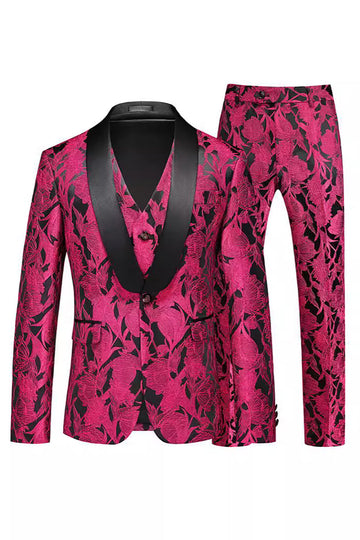 Jacquard Black 3 Pieces Shawl Lapel Men's Suits